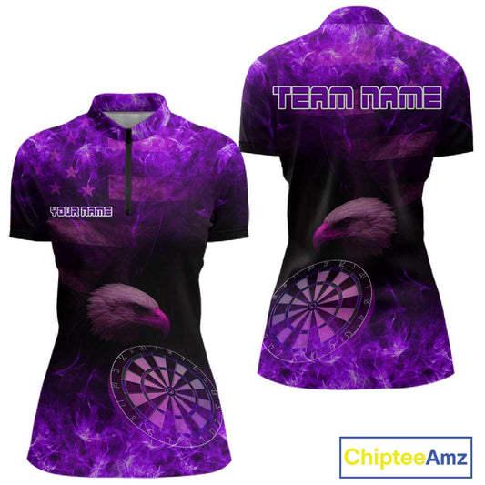 Custom Black And Purple Flames Eagle Dartboard Darts 1/4-Zip Shirt For Women Outfit Darts Jerseys NYN0945