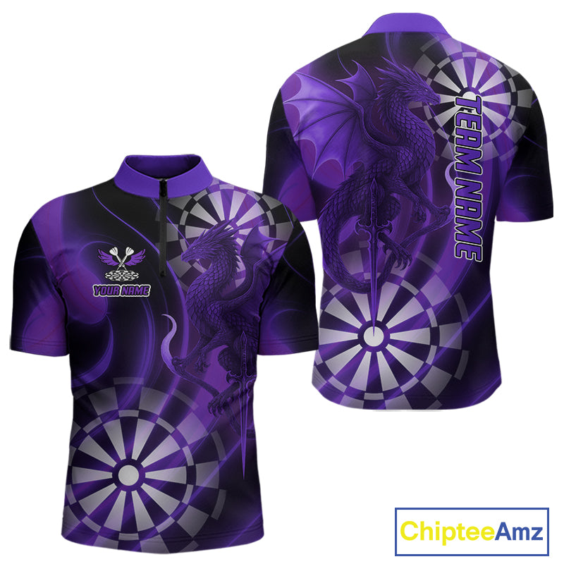 Custom Black And Purple Dragon Dartboard Dart 1/4-Zip Jersey Outfits Dart Team Shirts For Men NYN0979