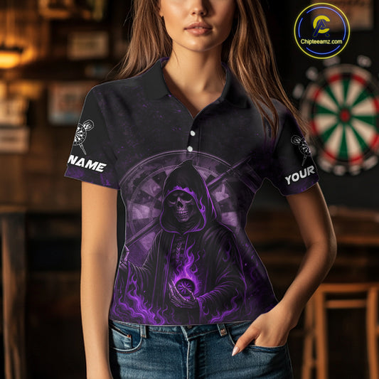 Custom Black-Purple Flames Skull Dartboard Darts Polo Jerseys For Women, Darts Fan Uniform NYN0984