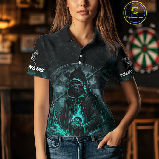 Custom Black-Turqoise Flames Skull Dartboard Darts Polo Jerseys For Women, Darts Fan Uniform NYN0985