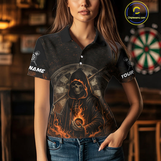 Custom Black-Orange Flames Skull Dartboard Darts Polo Jerseys For Women, Darts Fan Uniform NYN0986