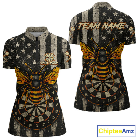 Custom Bees Dartboard Patriotic Dart 1/4-Zip Shirt For Women US Flag Grunge Dart Jersey NYN1360