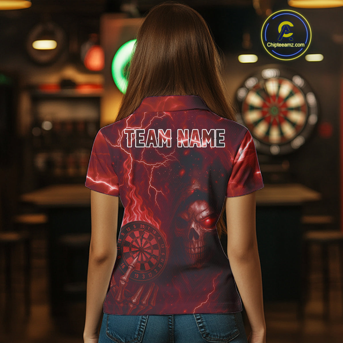 Personalized Red Flames Skull Dartboard Darts Jersey Custom Women's Skull Darts 1/4-Zip Shirt NYN1030