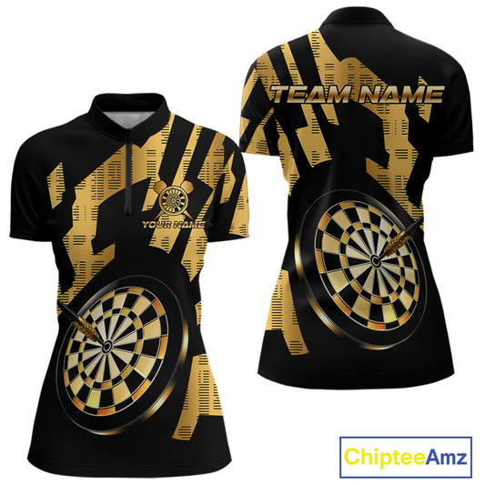 Gold Dartboard & Arrow Women's Darts Quarter-Zip Shirt - Custom Name For Players NYN0747