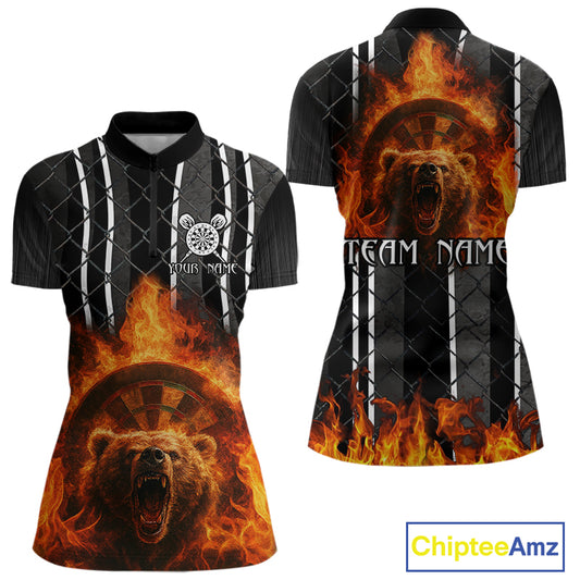 Bear & Flame Dartboard Custom Darts 1/4-Zip Shirt For Women - Darts Team Jersey NYN0763