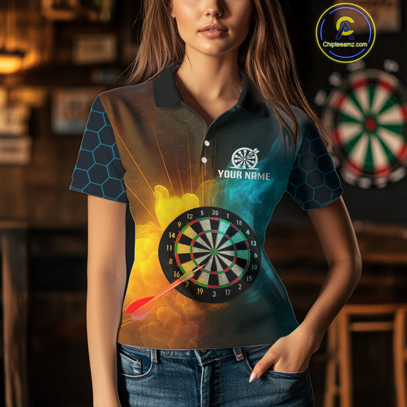 Turquoise & Yellow Smoke Dartboard Darts Shirt For Women - Custom Name & Team Jersey NYN0587
