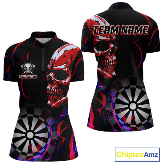 Red Skull And Dartboard Custom Darts Quarter-Zip Shirts For Women, Darts Jersey NYN0776