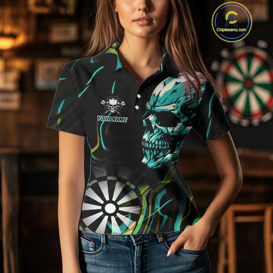 Turquoise Skull And Dartboard Custom Darts Polo Shirts For Women, Darts Jersey NYN0777
