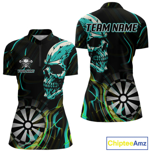 Turquoise Skull And Dartboard Custom Darts Quarter-Zip Shirts For Women, Darts Jersey NYN0777