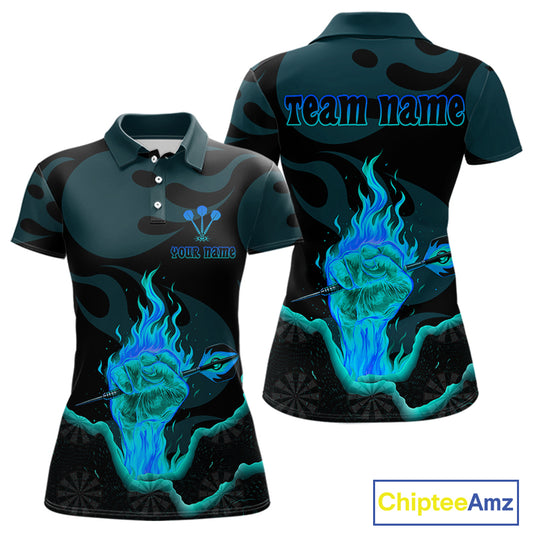 Flaming Hand & Dart Arrow Darts Shirts For Women - Custom Name & Team | Opt3 - Turquoise NYN0641