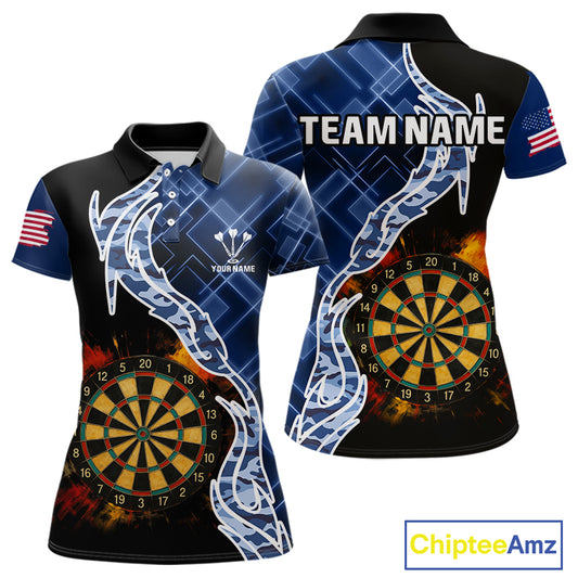 Colorful Splash Dartboard & Cobalt Camo Darts Shirt For Women - Custom Team Name NYN0376