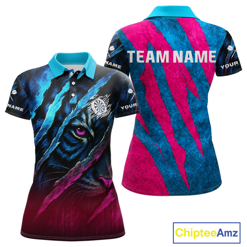 Blue & Pink Claw Scratch Fierce Tiger Darts Shirt For Women - Custom Team Name NYN0377