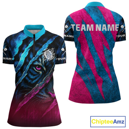 Blue & Pink Claw Scratch Fierce Tiger Darts Shirt For Women - Custom Team Name NYN0377