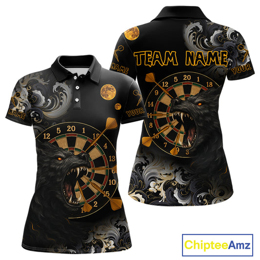 Black Ferocious Wolf & Gold Dartboard Darts Team Shirt For Women - Customizable Name NYN0389