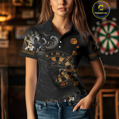 Black Ferocious Wolf & Gold Dartboard Darts Team Shirt For Women - Customizable Name NYN0389