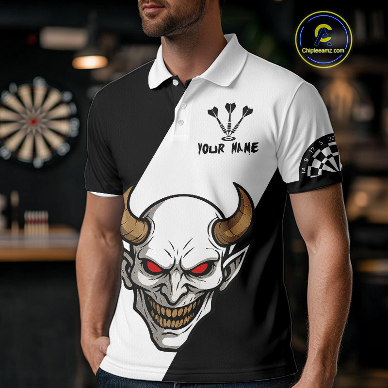 White Evil Horned Skull Funny Darts Shirt For Men - Customizable Name & Team NYN0395