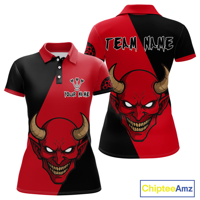 Red Evil Horned Skull Funny Darts Shirt For Women - Customizable Name & Team NYN0396
