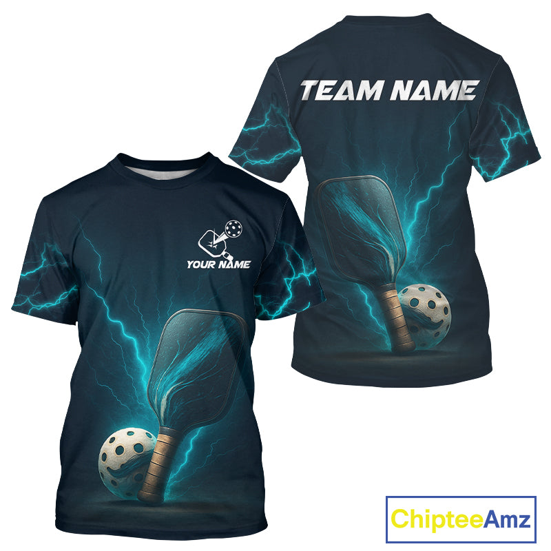 Custom Lightning Blue Pickleball Ball & Paddle T-Shirt For Men Outfits Pickleball Jerseys NYN1274