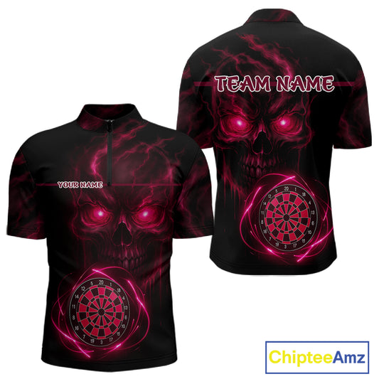 Custom Lightning Red Skull Dartboard 1/4-Zip Dart Shirt For Men Outfit Skull Dart Team Jerseys NYN0929