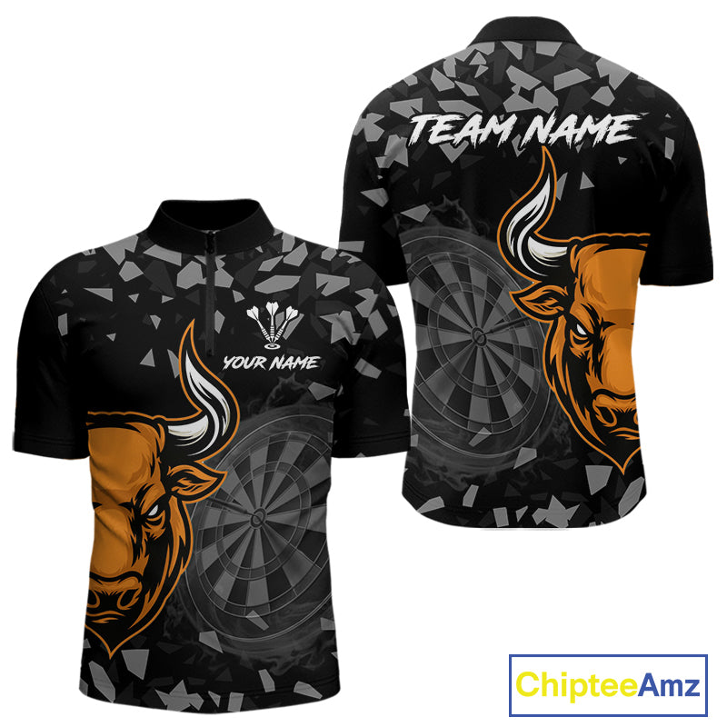Bull & Dartboard Custom Grunge Men's Darts Quarter-Zip Shirt - Orange Darts Team Jersey NYN0717