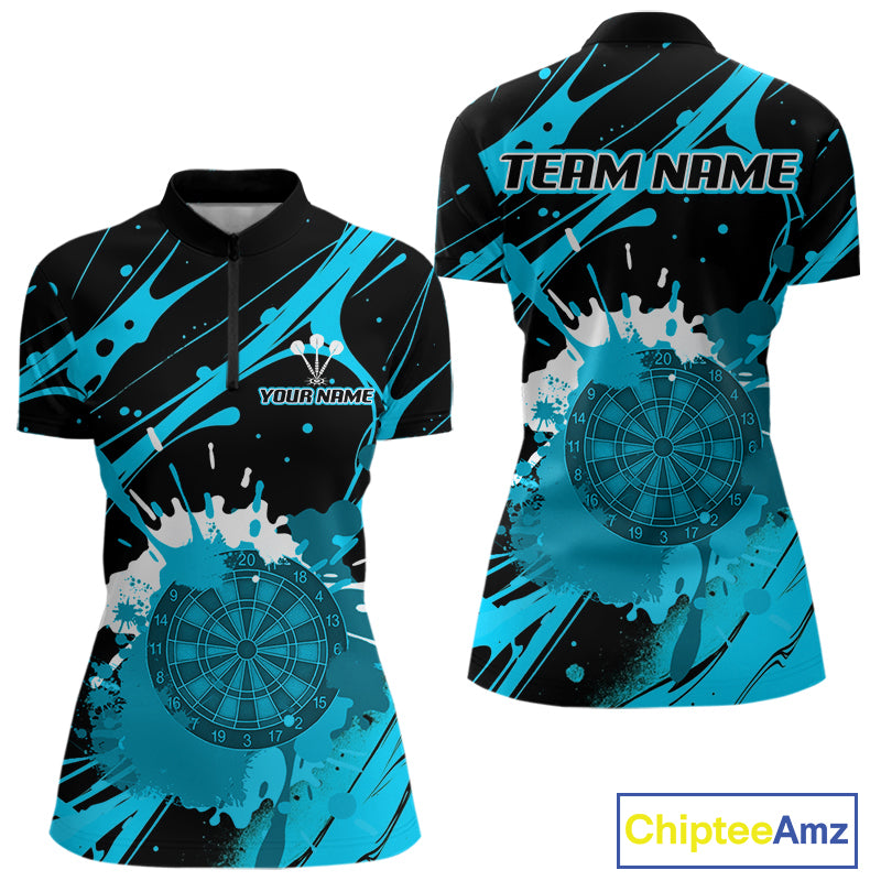 Splashed Color Dartboard Grunge Women's Darts Shirt Custom Name & Team | Opt3 - Turquoise NYN0650