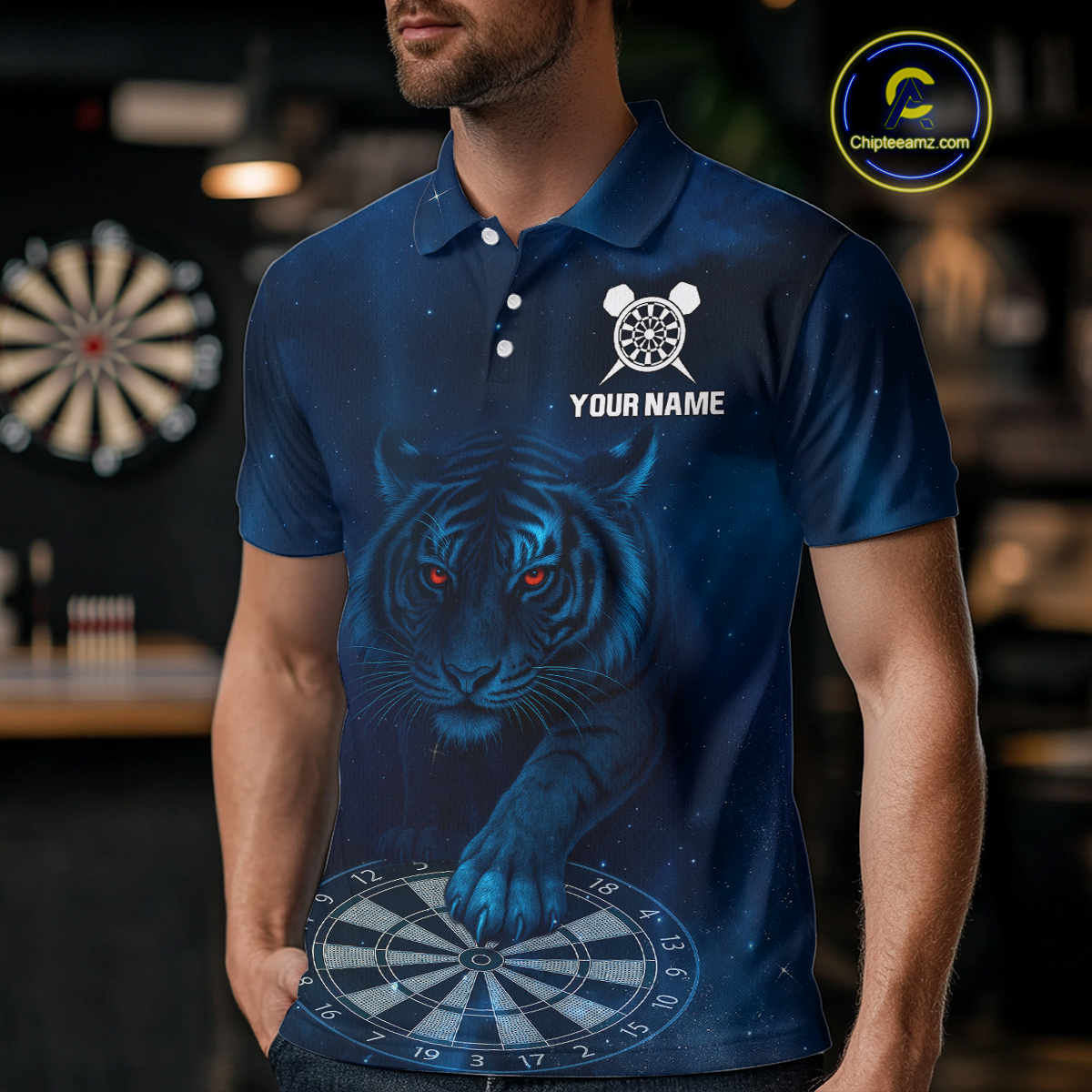 Azure Galaxy Tiger Dartboard Men's Darts Team Shirt - Custom Name For Darts Jersey NYN0466