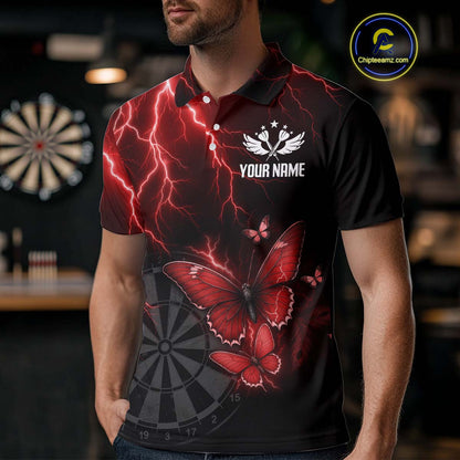 Custom Men Polo Darts Shirt With Maroon Lightning & Glowing Butterfly, Darts Jersey NYN1019