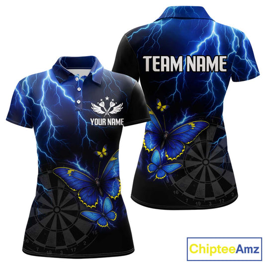 Custom Women's Polo Darts Shirt With Navy Lightning & Glowing Butterfly, Darts Jersey NYN1018
