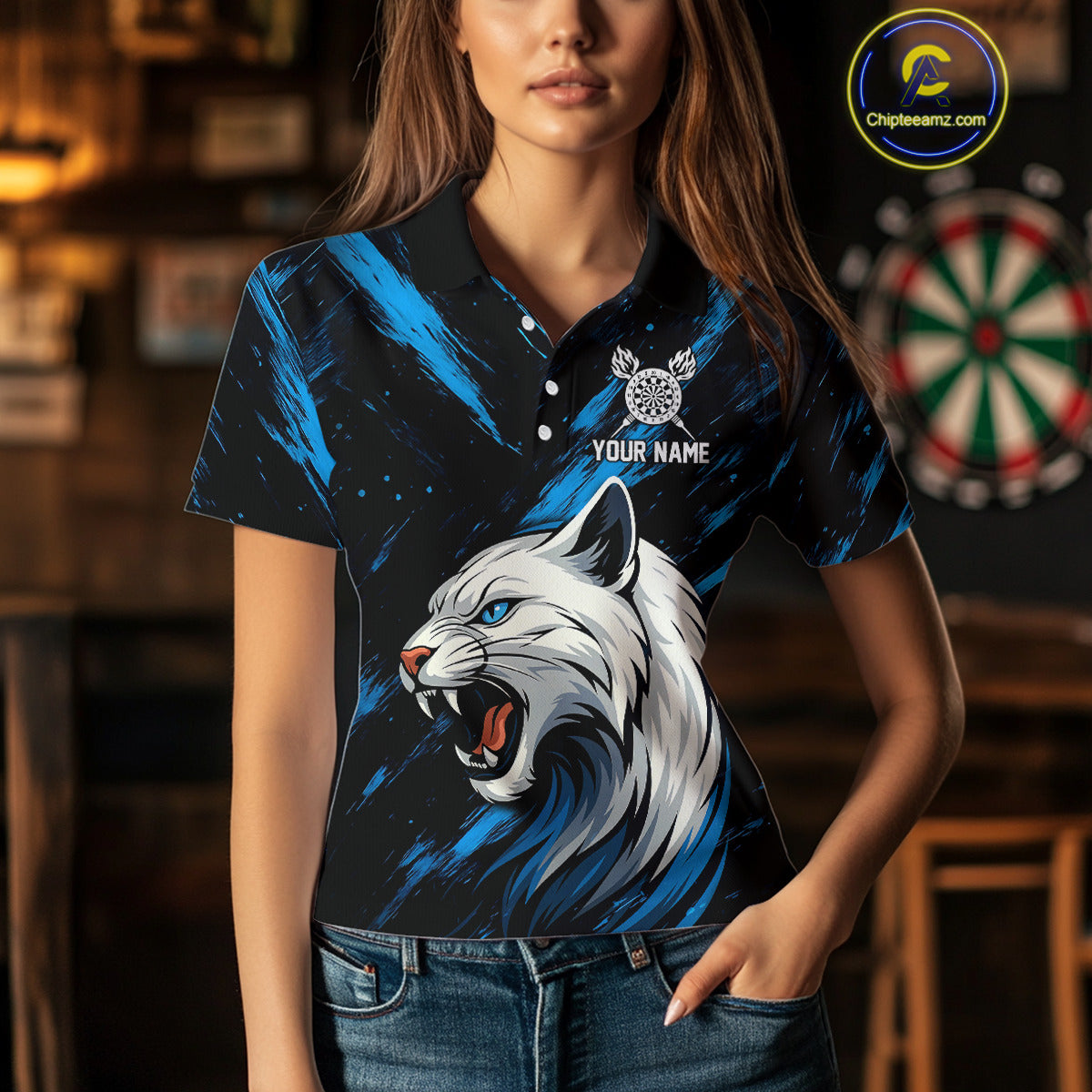 Women's Custom Darts Shirt - Ivory Panther With Dartboard & Blue Grunge Pattern NYN0331