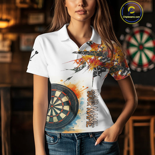 Custom Grey And Yellow Splashed Dartboard Darts Polo Shirt For Women Darts Team Jerseys NYN0948