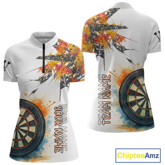 Custom Grey And Yellow Splashed Dartboard Darts 1/4-Zip Shirt For Women Darts Team Jerseys NYN0948