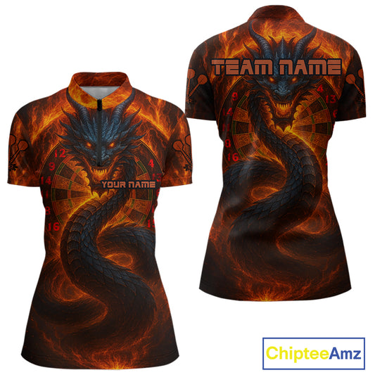 Personalized Red Flames Dragon Dartboard Darts 1/4-Zip Jerseys For Women, Dart Team Jerseys NYN0963