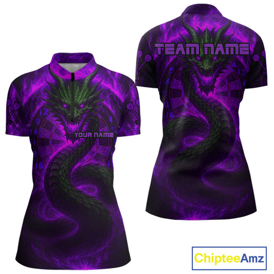 Personalized Purple Flames Dragon Dartboard Darts 1/4-Zip Jerseys For Women, Dart Team Jerseys NYN0964