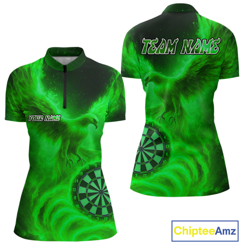 Women's Darts 1/4-Zip Shirt Personalized Flaming Phoenix Dartboard Darts Jersey | Green NYN1027
