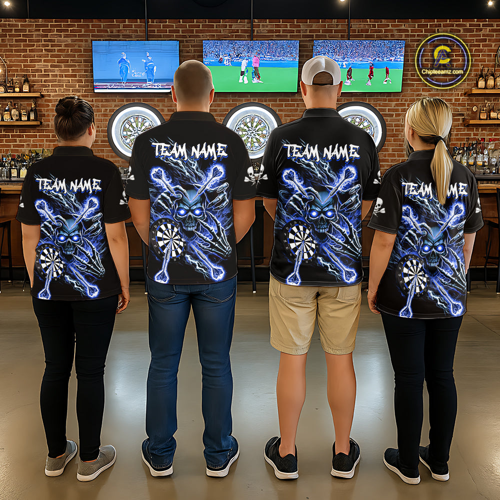 Personalized Blue Skeleton Thunder Lightning Men Dart Polo Shirts Skull Dart Jerseys NYN2120