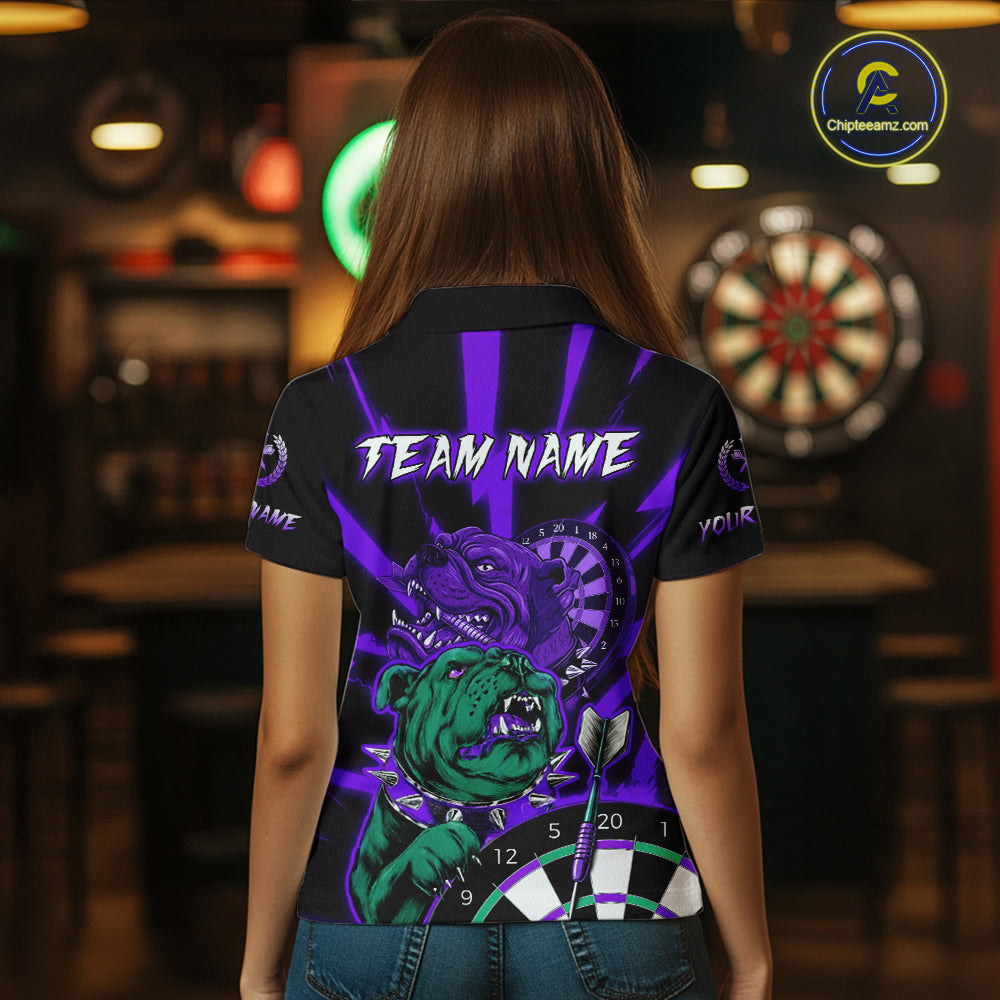 Custom Purple Neon Fierce Bulldog Thunder Women Darts Polo Shirt Funny Dart League Jerseys NYN2126