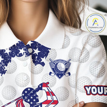 Load image into Gallery viewer, Custom Patriotic Golf Polo Shirts, Grunge US Flag Golf Ball White Women Best Golf Clothing Shirts NYN2991