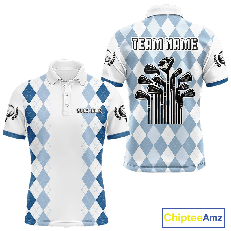 Mens Argyle Pattern Golf Polo Shirts, Blue Argyle Golf Attire Custom Golf Clubs Pattern Upf Shirts NYN2999