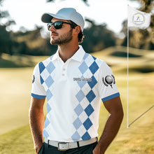 Load image into Gallery viewer, Mens Argyle Pattern Golf Polo Shirts, Blue Argyle Golf Attire Custom Golf Clubs Pattern Upf Shirts NYN2999