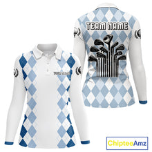 Load image into Gallery viewer, Womens Argyle Pattern Golf Polo Shirts, Blue Argyle Golf Attire Custom Golf Clubs Pattern Upf Shirts NYN2999