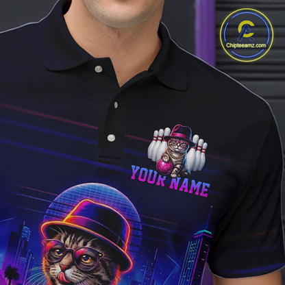 Whisky Cat Funny Bowling Shirts For Men Custom Neon Bowling Polo & Quarter-Zip Jerseys NYN3416