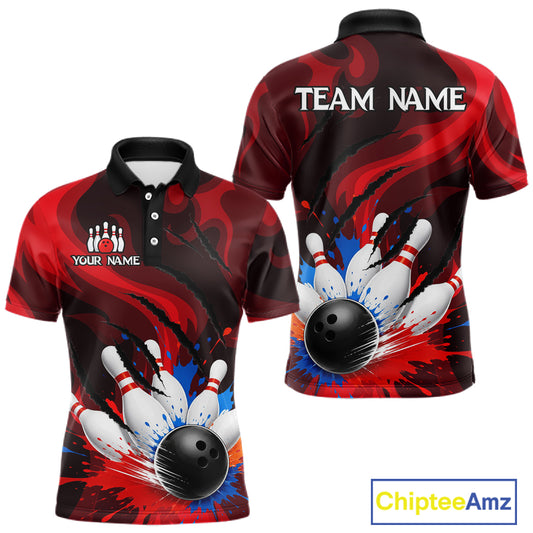 Colorful Splatter Bowling Ball And Pins Shirt For Men Black Red Team Jersey
