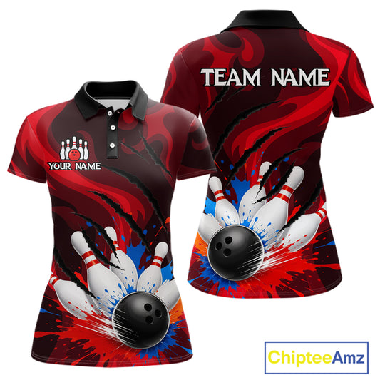 Colorful Splatter Bowling Ball And Pins Shirt For Women Black Red Team Jersey