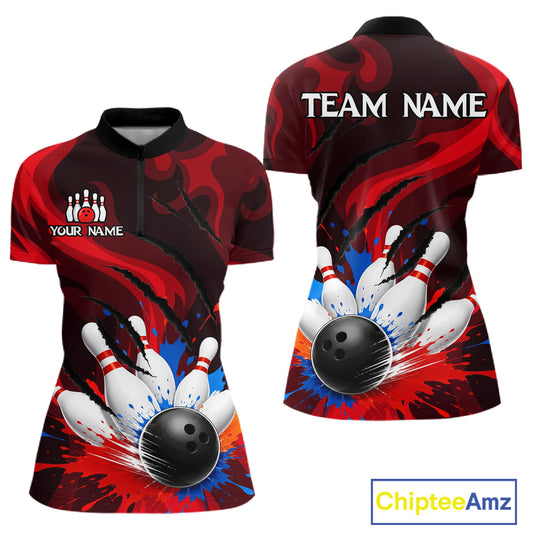 Colorful Splatter Bowling Ball And Pins Shirt For Women Black Red Team Jersey