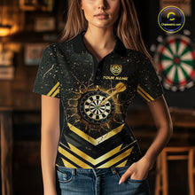 Load image into Gallery viewer, Black And Gold Dartboard Women Dart Polo &amp; 1/4-Zip Shirt Custom Cracked Dart Jersey For Darters NYN3002