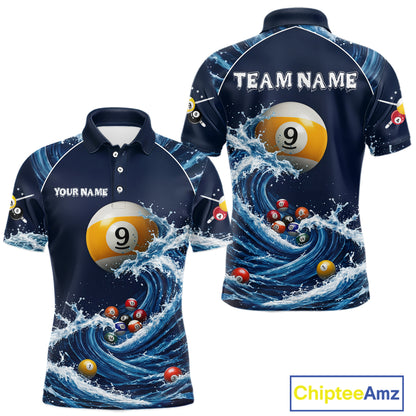Blue Waving men's custom 9 Ball pool polo jersey, billiards team apparel, cue sports uniform, professional tournament shirt