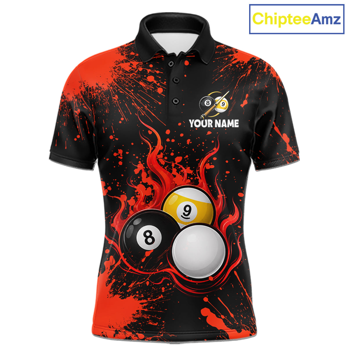 Red Splatter Flame 8 Ball & 9 Ball Pool Polo 1/4-Zip Shirt For Men Personalized Billiard Team Apparel NYN3971