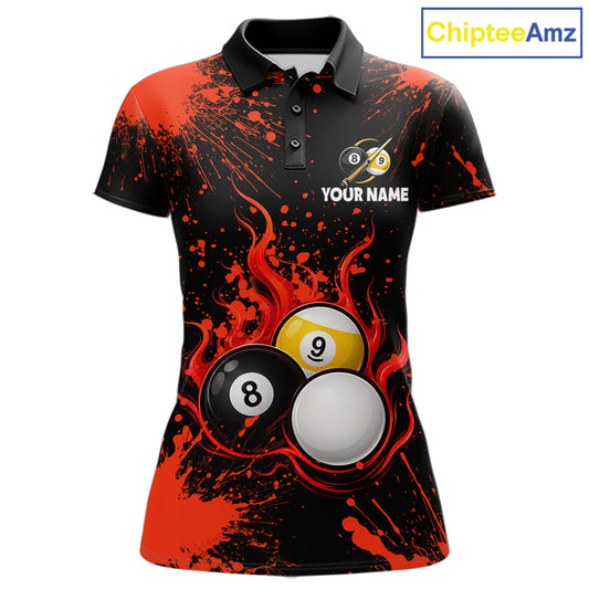 Red Splatter Flame 8 Ball & 9 Ball Pool Polo 1/4-Zip Shirt For Women Personalized Billiard Team Apparel NYN3971