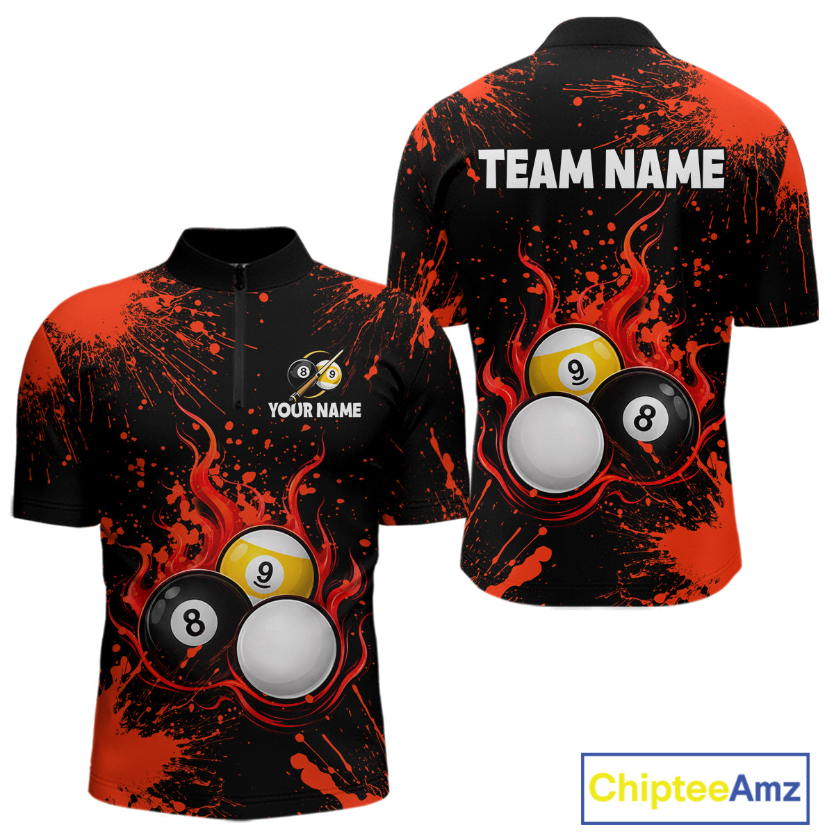 Red Splatter Flame 8 Ball & 9 Ball Pool Polo 1/4-Zip Shirt For Men Personalized Billiard Team Apparel NYN3971