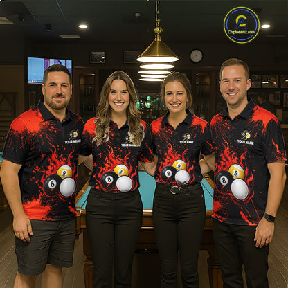 Red Splatter Flame 8 Ball & 9 Ball Pool Polo 1/4-Zip Shirt For Men Personalized Billiard Team Apparel NYN3971